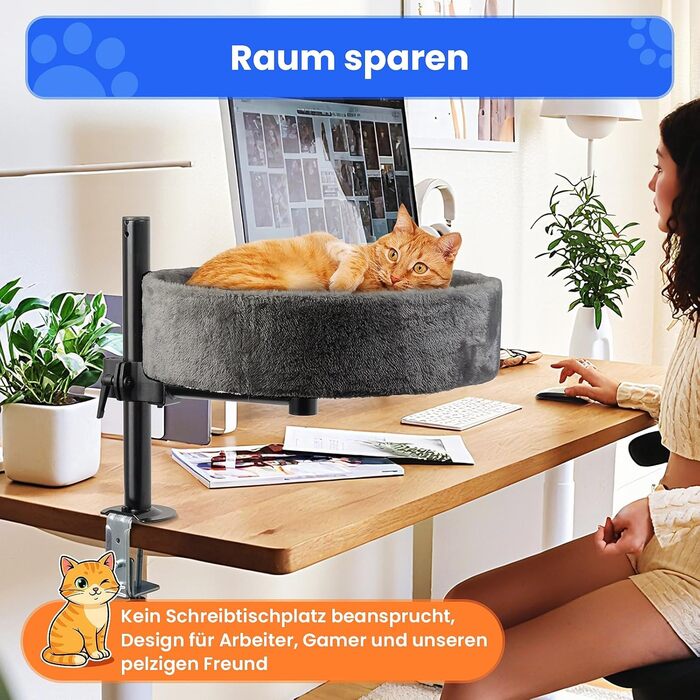 BSWAY Крісло-гніздо для кота на стіл - Покращений 360° оберт, регульована висота, без свердління. Підвищене котяче ліжко над столом. Тримає кошеня/кота близько, робочий простір чистий. Крісло-ліжко для кота на стіл, темно-сірий колір, XL розмір