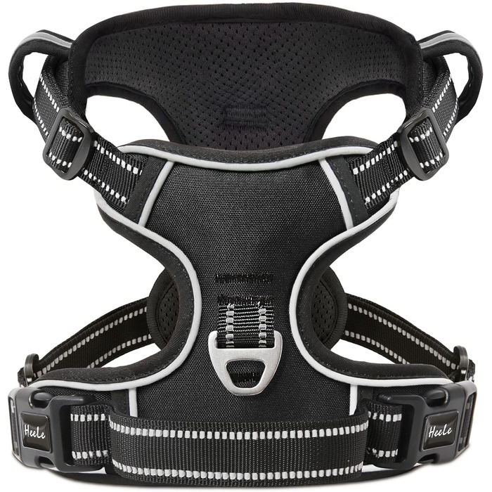 Шлейка для собак HEELE, No-Pull, для середніх собак, м'яка, дихаюча, регульована, світловідбиваюча, з м'яким ручним захопленням, чорна, розмір L