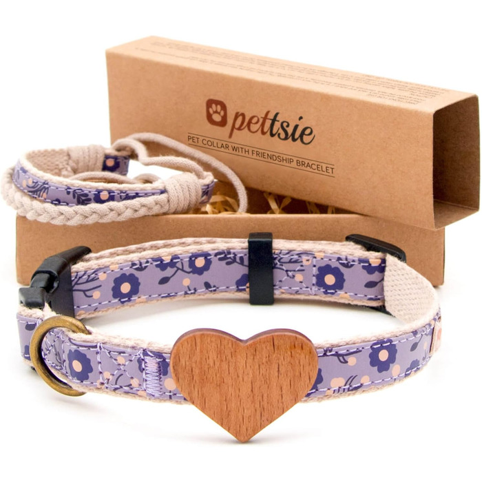 Нашийник для собак Pettsie з серцем та браслетом дружби, регульовані розміри S та M, комфортний дизайнерський льон, міцний та довговічний, чудовий подарунок для любителів собак, фіолетовий 35,6 - 50,8 см (M) Фіолетовий