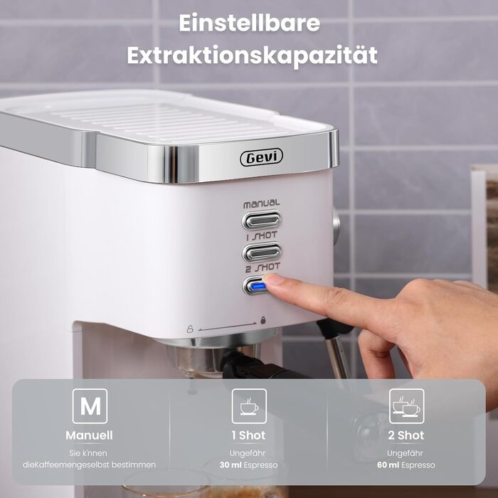 Еспресо-кавоварка Gevi 20 Бар з професійним капучинатором, 1350 Вт, 1,2 л, вузька 15 см, біла – для приготування капучино, латте, макіато
