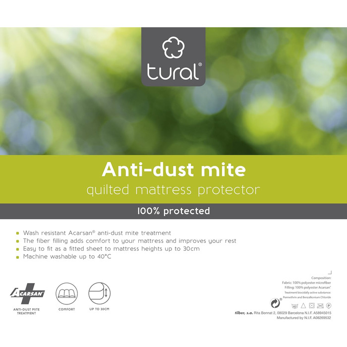 Tural - Quilted Anti-Mite Mattress Protector - Reversible, Padded Mattress Topper/Mite Cover Size 135x200cm