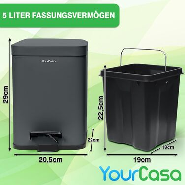 Смітник для ванної кімнати YourCasa® з кришкою Soft-close та внутрішнім відром, 5л, антрацит
