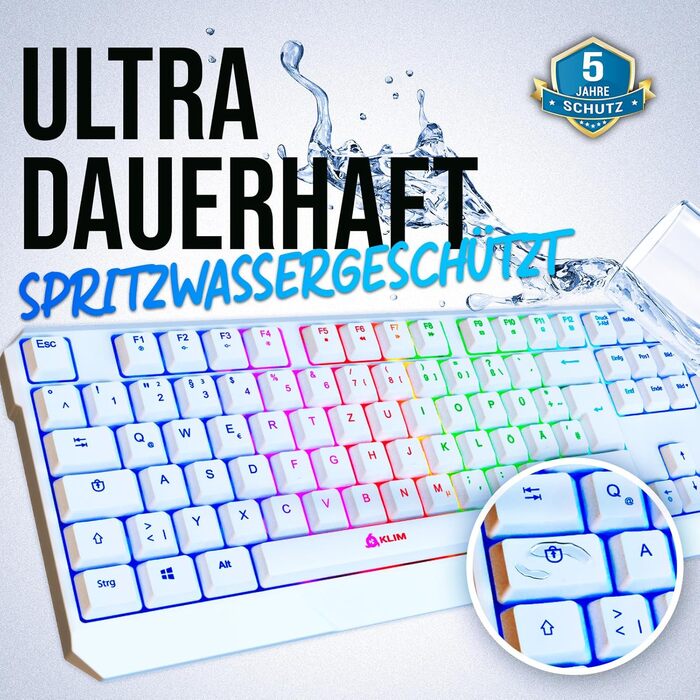 KLIM Chroma Wireless Gaming Tastatur: Бездротова ігрова клавіатура з RGB підсвічуванням, тиха, ергономічна, водонепроникна, для PC, Mac, PS4, PS5