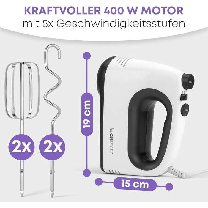 Міксер Clatronic HM 3775: потужний 400 Вт, 5 швидкостей, нержавіюча сталь, для дому