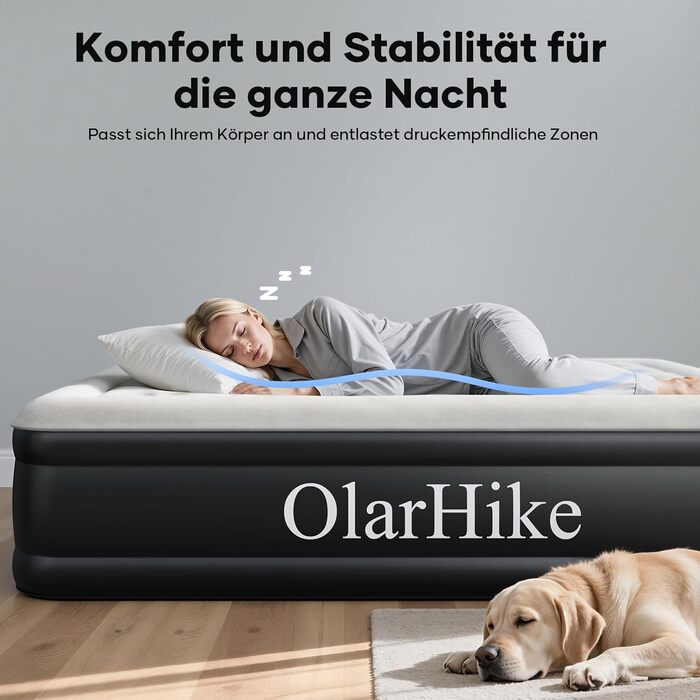 Надувний матрац OlarHike для кемпінгу та дому - 2 особи, 203x152x46 см, чорний, самонадувний