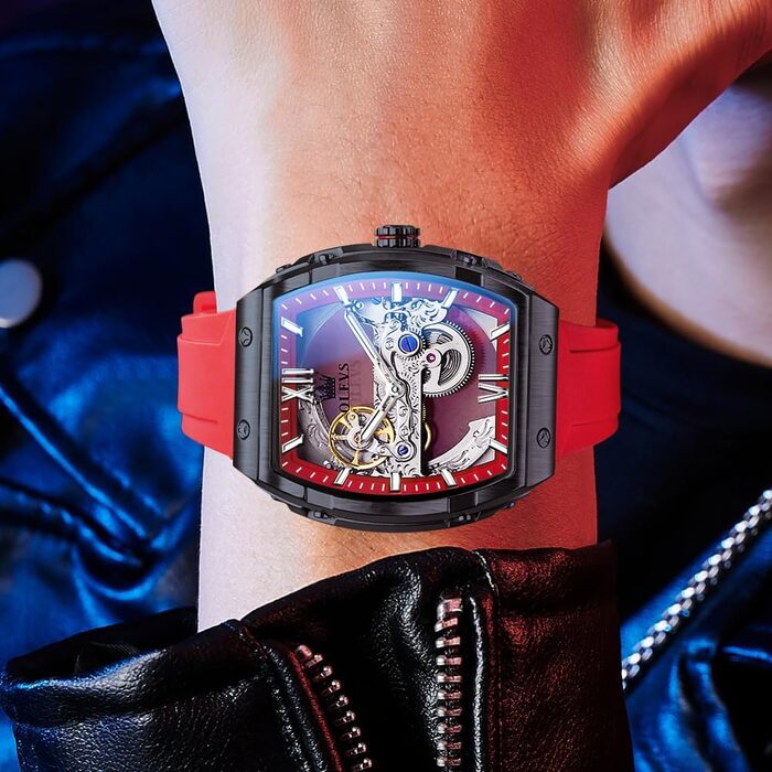 Чоловічий скелетонний годинник OLEVS автоматичний, розкішний годинник зі сталі з великим циферблатом, календарем та підсвіткою, водонепроникний (Колір: Червоний)