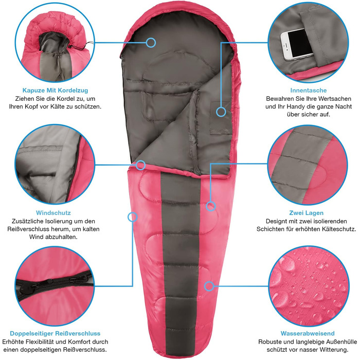 Сплячий мішок Active Era Mumienschlafsack - зимовий та літній, водонепроникний, вітрозахисний, ультралегкий, температурний режим -10°C до 10°C, компактний, для кемпінгу (рожевий)