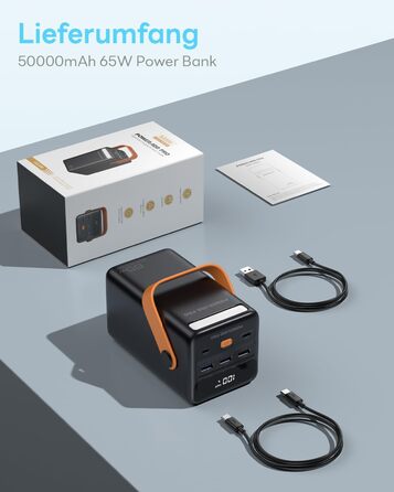 Powerbank 65W з USB-C, 50000mAh, LED дисплеєм, для ноутбуків, MacBook, телефонів (Samsung S23), чорний