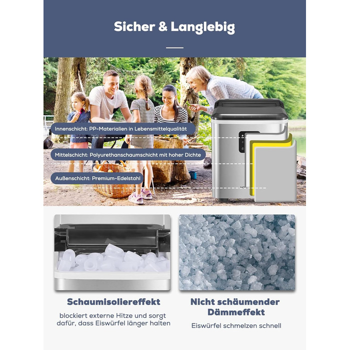 NORTHCLAN Stainless Steel Ice Maker - 14kg Capacity, 2 Sizes, Self-Cleaning, Fast Ice Production, LED Display, 2L Tank, Includes Scoop & Basket
