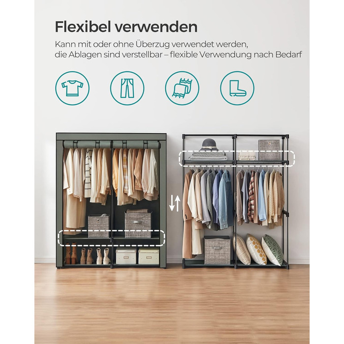 SONGMICS Storage Cabinet, Portable, with Hanging Rod, Foldable, Wardrobe, Bedroom, Office, 140 x 43 x 174 cm, RYG02GY (Beige Green)