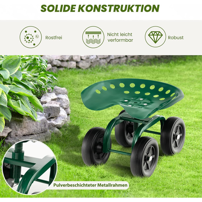 COSTWAY Rolling Seat with Wheels, 360° Swivel | Height Adjustable, Mobile Garden Seat Outdoor Garden Stool, up to 150 kg | Wide Tires, Garden Rolling Seat Metal, for Gardening & Car Care, Green