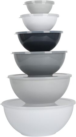 Набір мисок для перемішування BoxedHome з кришками, 12 штук. Пластикові миски для салату, неслизькі, стекові сервіровочні миски для кухні (6 мисок та 6 кришок, білий сірий)