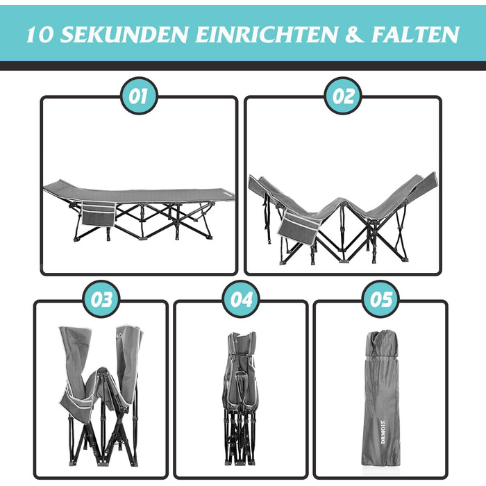 Розкладне ліжко для кемпінгу DRMOIS: велике (XXL), 81 см, вантажопідйомність 400 кг, з ізольованим килимком, сіре