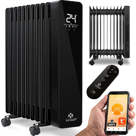 Масляний радіатор KESSER 2500Вт, електрообігрівач з WiFi, LED дисплеєм, пультом, 11 секцій, енергозберігаючий, таймер 24 год, захист від перегріву, чорний