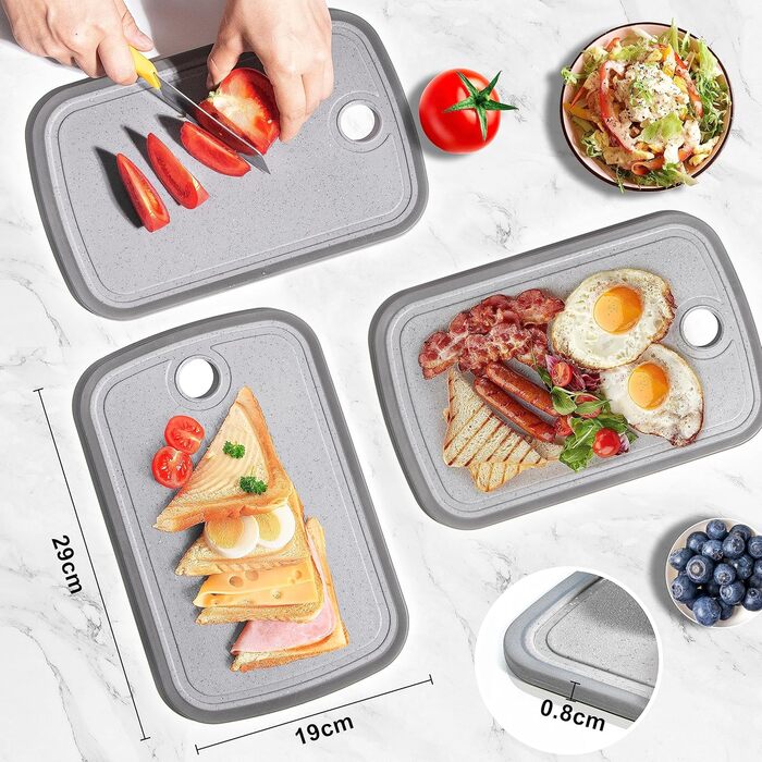 Набір дерев'яних обробних дощок 3 шт. з гранітною текстурою, антиковзкі наклейки, жолоб для соку, BPA-Free, з ручкою. Пластикові обробні дошки, антибактеріальні, кухонні аксесуари, гаджети, помічники (світло-сірий, 29 x 19 см)