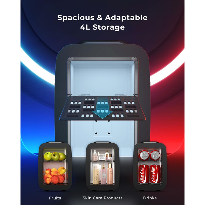 Міні холодильник 4L з RGB підсвіткою, охолодження/підігрів, 2в1, для напоїв та догляду за шкірою, 220V/12V, чорний