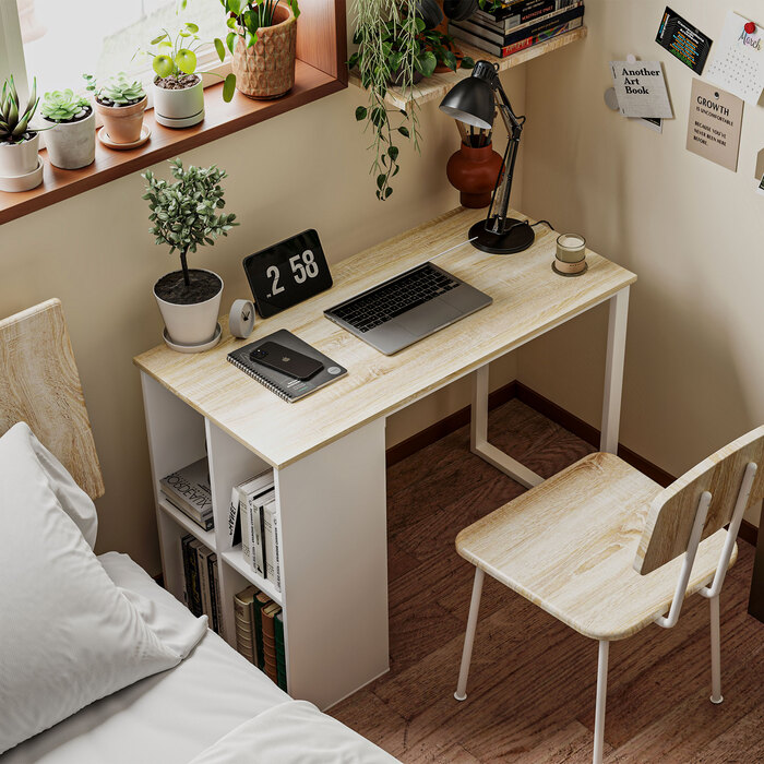 HOMCOM Desk Computer Desk with Storage Compartments, Modern Office Desk with Steel Frame, PC Desk for Home Office, Study Room, Small Room 100 x 54 x 75 cm, Oak | Aosom