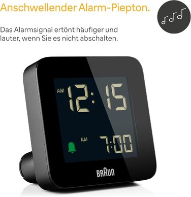 Braun Digital Alarm Clock with Snooze Function, Negative LCD Display, Quick-Set Function, Crescendo Alarm in Black, Model BC09B.