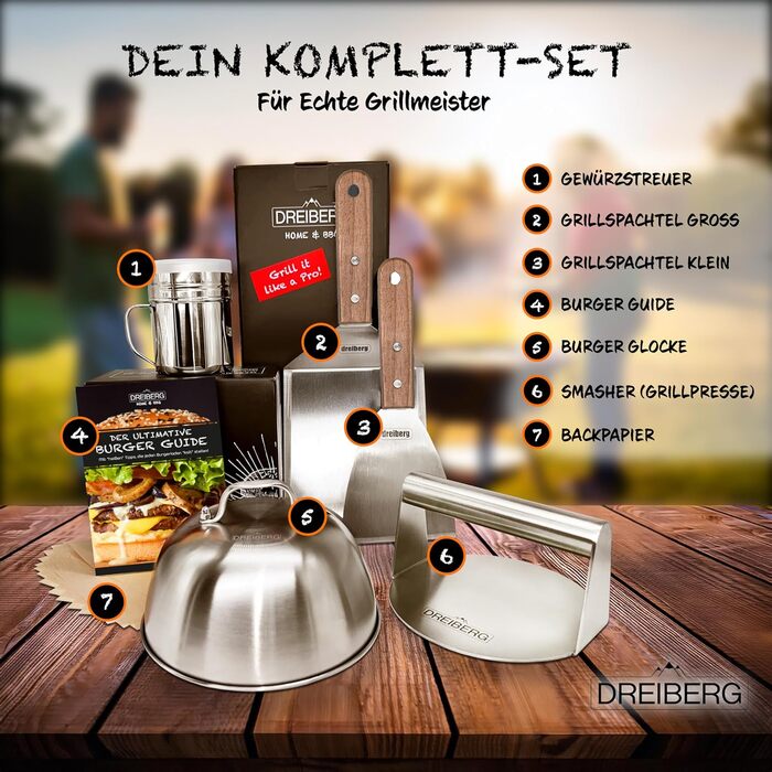 Набір для приготування бургерів DREIBERG® з нержавіючої сталі (9 предметів): шпатель, кришки для плавлення, прес, смашер, дозатор спецій, рецепти, папір для випікання