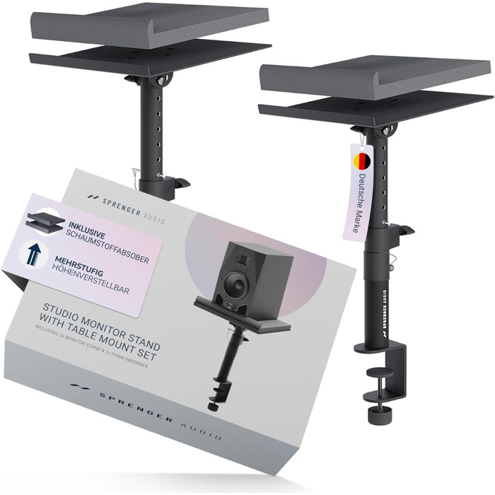 Підставка для динаміків з кріпленням до столу – регульована ±20°, до 28 кг – з демпфером з піни – стабільна та міцна – для студії, столу та DJ-setup – чорний колір