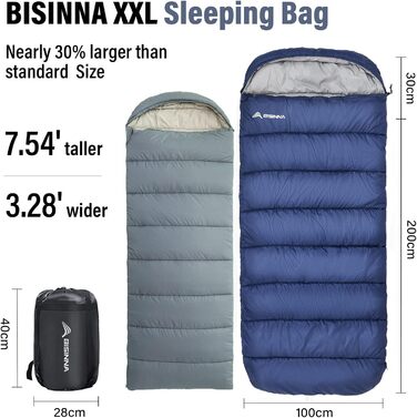 Сплячий мішок BISINNA XXL (230 x 100 см) для великих людей, 3-4 сезони, водонепроникний, легкий, для кемпінгу, подорожей, піших прогулянок, дому та відпочинку на природі, Marineblau, 1.5 кг, двостороння блискавка, 3 сезони