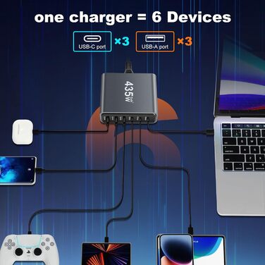 Зарядний пристрій USB-C 435W, 6 портів: швидка зарядка для MacBook Pro/Air, iPad Pro/Air, Samsung та інших – чорний