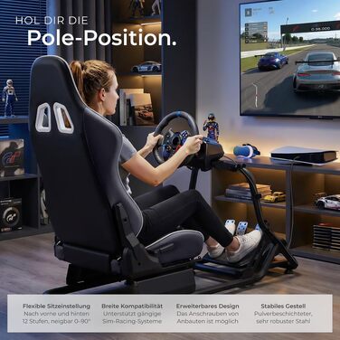 Ігровий симулятор Sim Racing Cockpit tectake® для Fanatec, Logitech, Thrustmaster, регульоване гоночне крісло GT-Style, сталевий каркас, до 120 кг, чорний