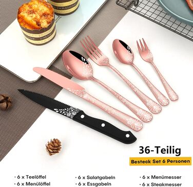 36-Piece Rose Gold Flatware Set for 6 People, HONKKU Stainless Steel Cutlery Set with Steak Knives, Polished Mirror Finish Cutlery Set with Floral Patterns, Fork Spoon Knife Set Dishwasher Safe