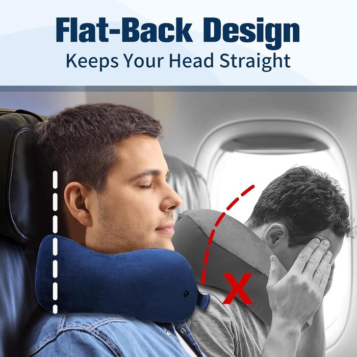 Подушка для шиї у літак, доросла, з піною-пам'яттю, регульована, компактна, ергономічна, м'яка, дихаюча, з навушниками, маскою для очей, чохлом (Блакитна)