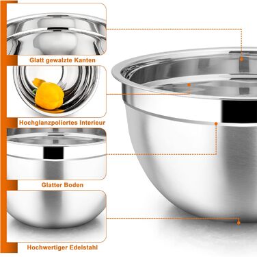 Набір мисок Joyfair 3 шт. з нержавіючої сталі з кришками, 4.5L/2.7L/1.5L - для змішування, сервірування, приготування їжі, сумісні з посудомийною машиною