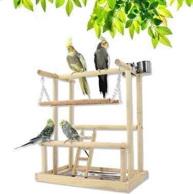 Bird Playground, budgie toys, bird play stand, bird gym, bird accessories, climbing frame with feeder cups, tray, swing for parakeets, canaries, finches, etc. (#8)