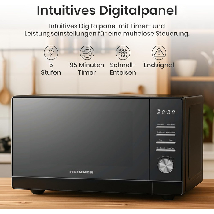 Мікрохвильова піч HMW-MD25DMRBK Mirror Black, 25 л, 800 Вт, 5 рівнів потужності, таймер, функція розморожування, чорний колір, поворотний піднос 28,5 см, 3 роки гарантії