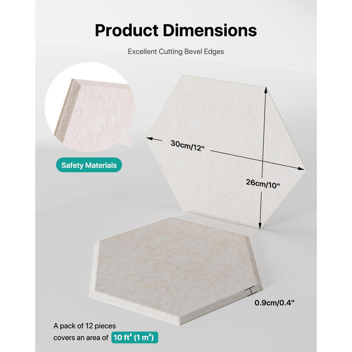 Акустичні гексагональні панелі Soundsbay для звукоізоляції стін та стелі, шумопоглинаючий спінений матеріал, бежевий, 30.5 x 25.4 x 1 см, 18 шт
