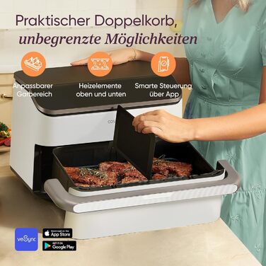 Фритюрниця COSORI Dual Blaze TwinFry 10L з 2 камерами, 4 нагрівальними елементами та регулюванням температури до 240°C (кремово-білий)