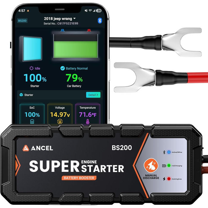 ANCEL BS200 Пусковий пристрій (Powerbank) для авто з конденсатором, моніторингом стану акумулятора та проактивним доглядом. Для бензинових двигунів до 3.0L, чорний