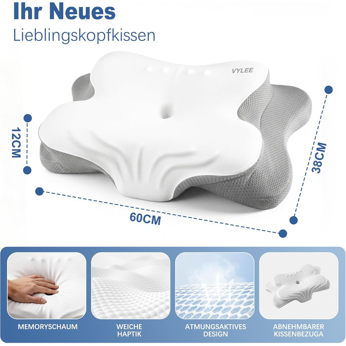 Подушка для шиї VYLEE з піни Memory Foam: ортопедична для сну на спині, боку та животі, від болю в шиї та плечах (Сіра)