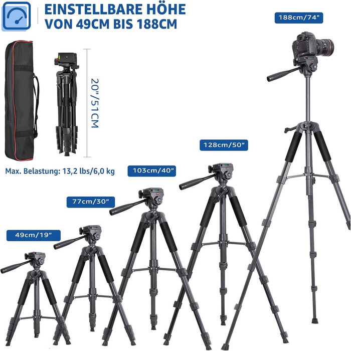 Штатив для камери Lusweimi 187 см з поворотним кріпленням 360° та 2 QR-пластинами, для Sony/Nikon/Canon, смартфонів, TikTok, Vlog (чорний)
