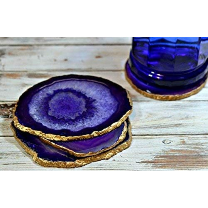 Natural agate coasters, for bar, beer, coffee, tea, set of 4, perfect table accessory, tableware (Blue)