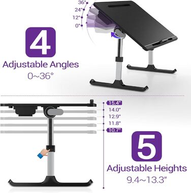 NEARPOW Підставка для ноутбука в ліжко, XXL, регульований столик для комп'ютера, стійка для ноутбука в ліжко або на диван, підставка для книг та ящик (Чорний)