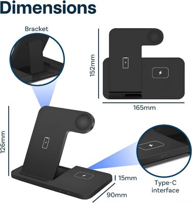 MMOBIEL Бездротова зарядна станція 3-в-1 для iPhone, Apple Watch та AirPods - 15W, Швидка бездротова зарядка, Чорний (Модель C)