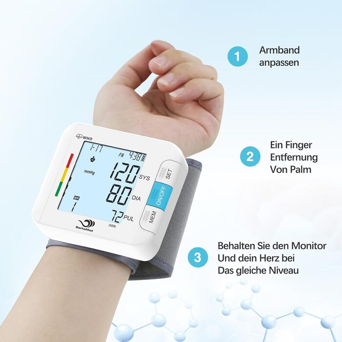 Тонометр на зап'ясті автоматичний, 2 x 99 комірок пам'яті, великий LED дисплей з визначенням аритмії, точне вимірювання, контроль положення манжети (білий)