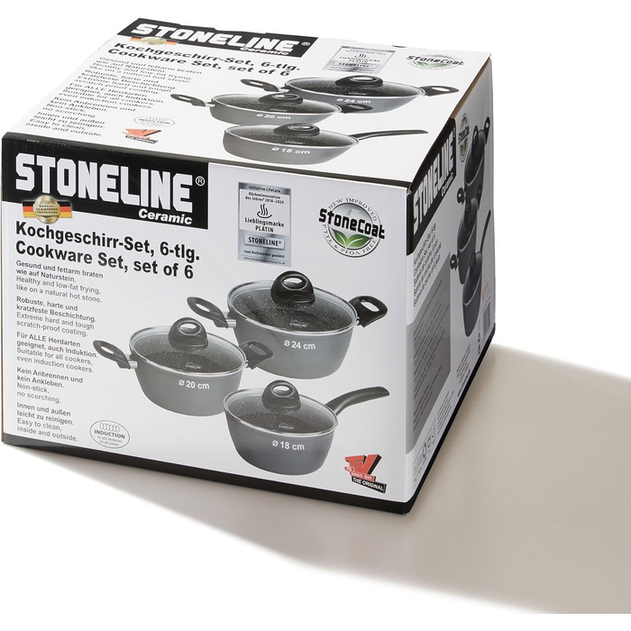 STONELINE Ceramic Cookware Set, 6-Piece, 18/20/24cm Pots with Lids. PFAS-Free, Non-Stick Pot. Suitable for Induction and All Cooktops with Ceramic Coating and Real Stone Particles. Cookware Set, Grey, 6-Piece