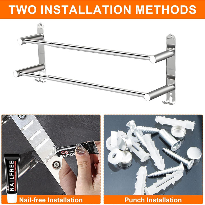 Тримач для рушників настінний з нержавіючої сталі, глянсовий, висувний, 2 стійки, 43-75 см з гачками, для ванної кімнати, монтаж на свердла або на клей - 2 способи встановлення, підходить для ванної та кухні