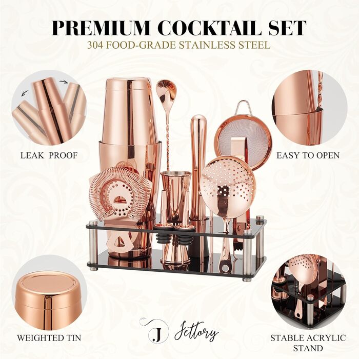 Набір шейкерів Boston - 16 предметів, нержавіюча сталь, рожеве золото, з акриловою основою, сито, щипці для льоду, барна ложка, мірний стакан, мадлер, виливач для пляшок та коктейльні шпажки