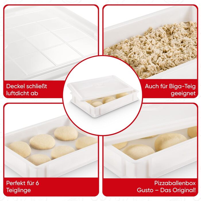 3x Pizza Ball Box, Flavor + 1 Lid, 40x30x7 cm | Proofing Box, Dough Container for Pizza Dough. Dough Box for 6 Pizza Balls, Pizza Dough Container (3x Gusto Box + 1x Lid)
