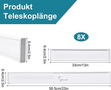 MOFELON 8-Piece Drawer Dividers, Adjustable Drawer Dividers (33-58.5cm, 6.4cm H), Closet Drawer Organization System for Kitchen, Dresser, Bedroom, Bathroom-White