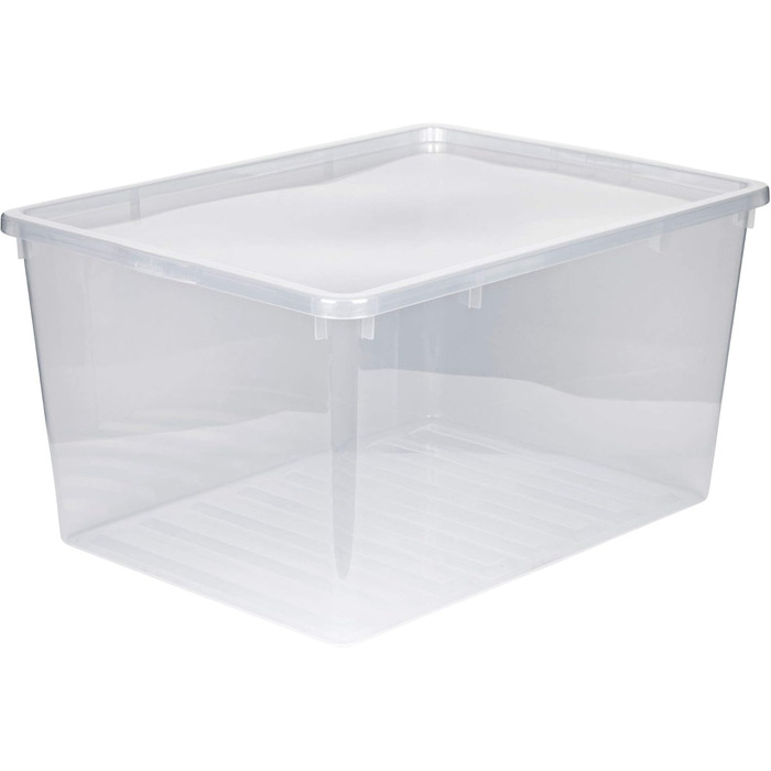 Kreher XXL Storage Box with Lid made of Plastic in Transparent. Holds approximately 135 liters. Dimensions approximately 78 x 56 x 41 H cm.