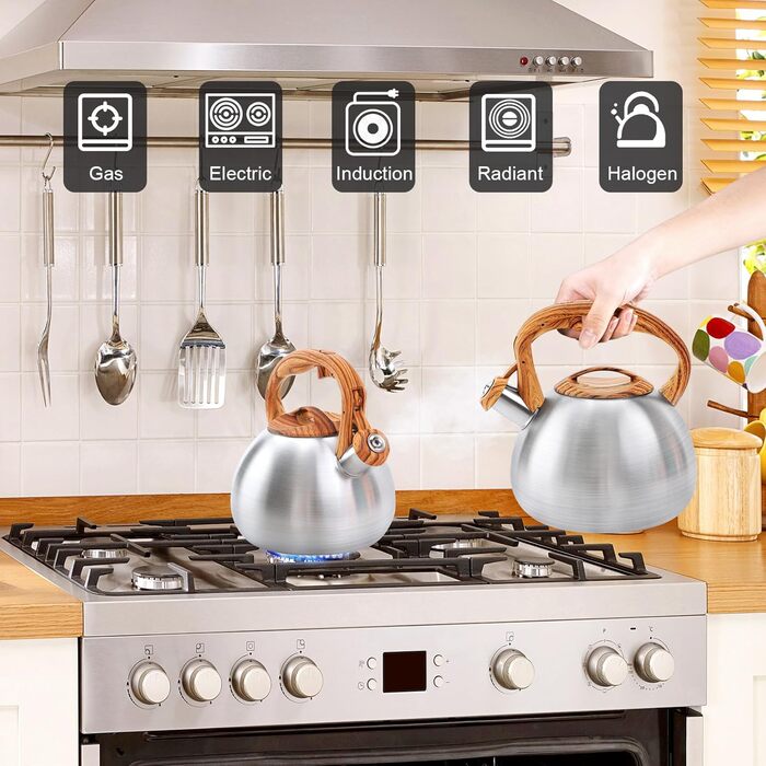 Чайник для плити GGC, 3.1 л, з свистком, нержавіюча сталь, з дерев'яною ручкою для дому та кухні