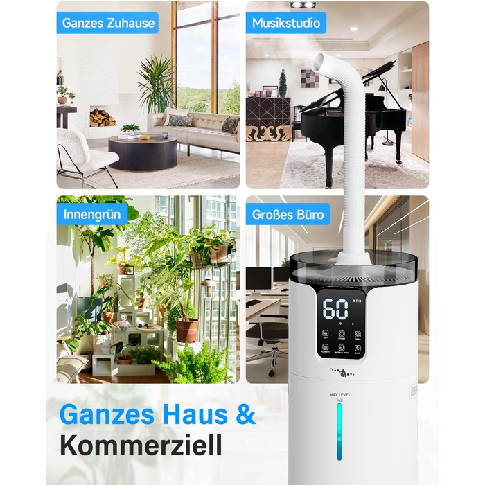 Ультразвуковий зволожувач повітря для великих приміщень 16 л, верхній залив, тихий, 1000 мл/год, до 100 м², з прохолодним туманом та аромадіфузором, для дитячої кімнати, офісу, рослин, білий