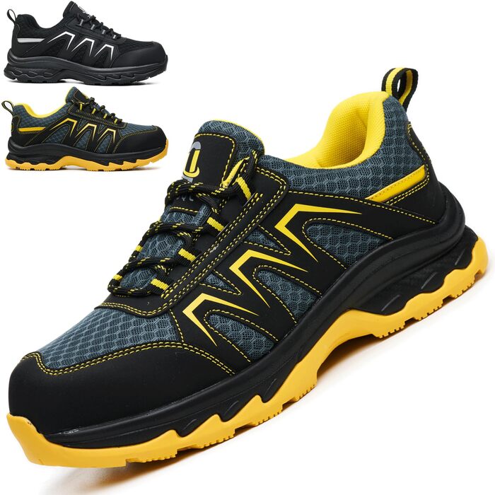 Черевики безпеки чоловічі/жіночі S1 ESD Antistatisch SR, антиковзаючі, зі сталевим підноском, легкі, дихаючі, комфортні, широка колодка, для промисловості та виробництва (45 EU, жовті)